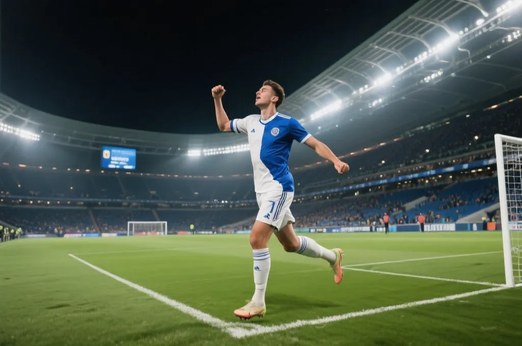 A professional soccer player celebrating a goal in a massive modern stadium, dynamic action shot